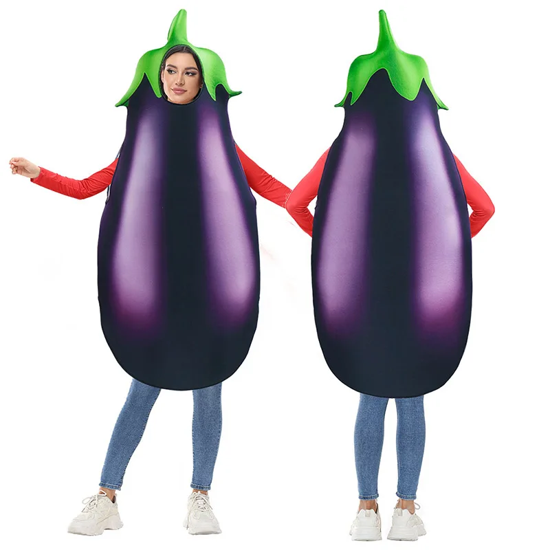 

Unisex Women Purple Eggplant Mascot Costume Men Vegetable Halloween Fancy Dress Up Funny Eggplant Aubergine Adult Costume