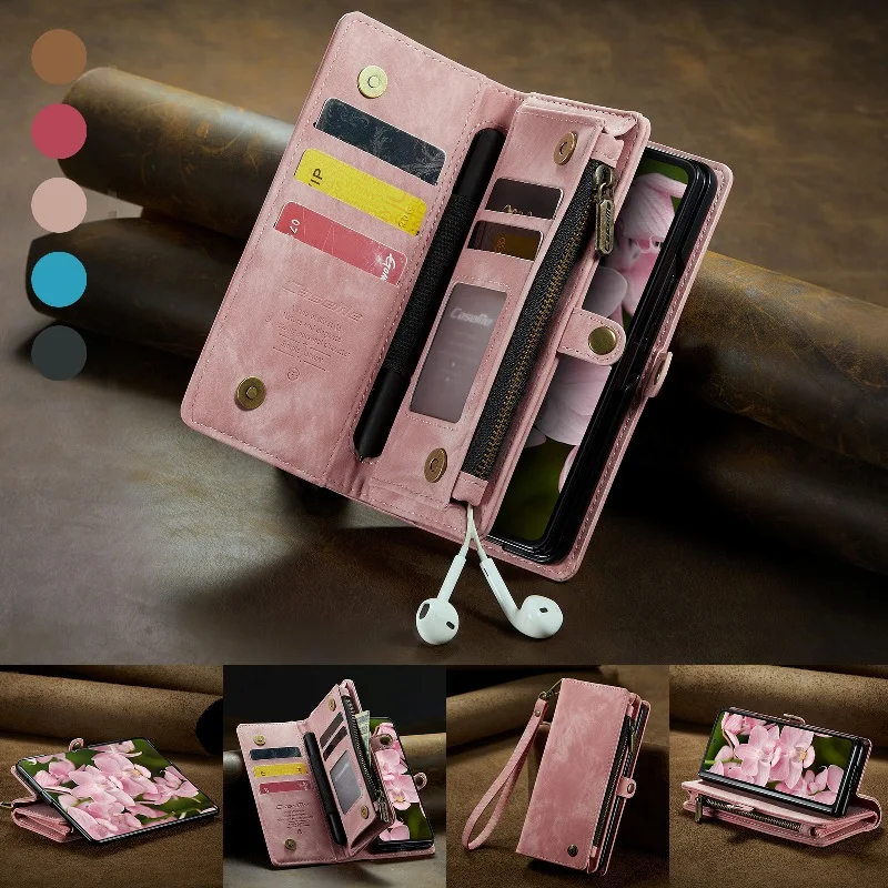 Magnetic Flip Wallet Card Slots Phone Cover For Samsung Galaxy Z Fold6/Z Fold5 With Lanyard and Pen Slot Protective Case