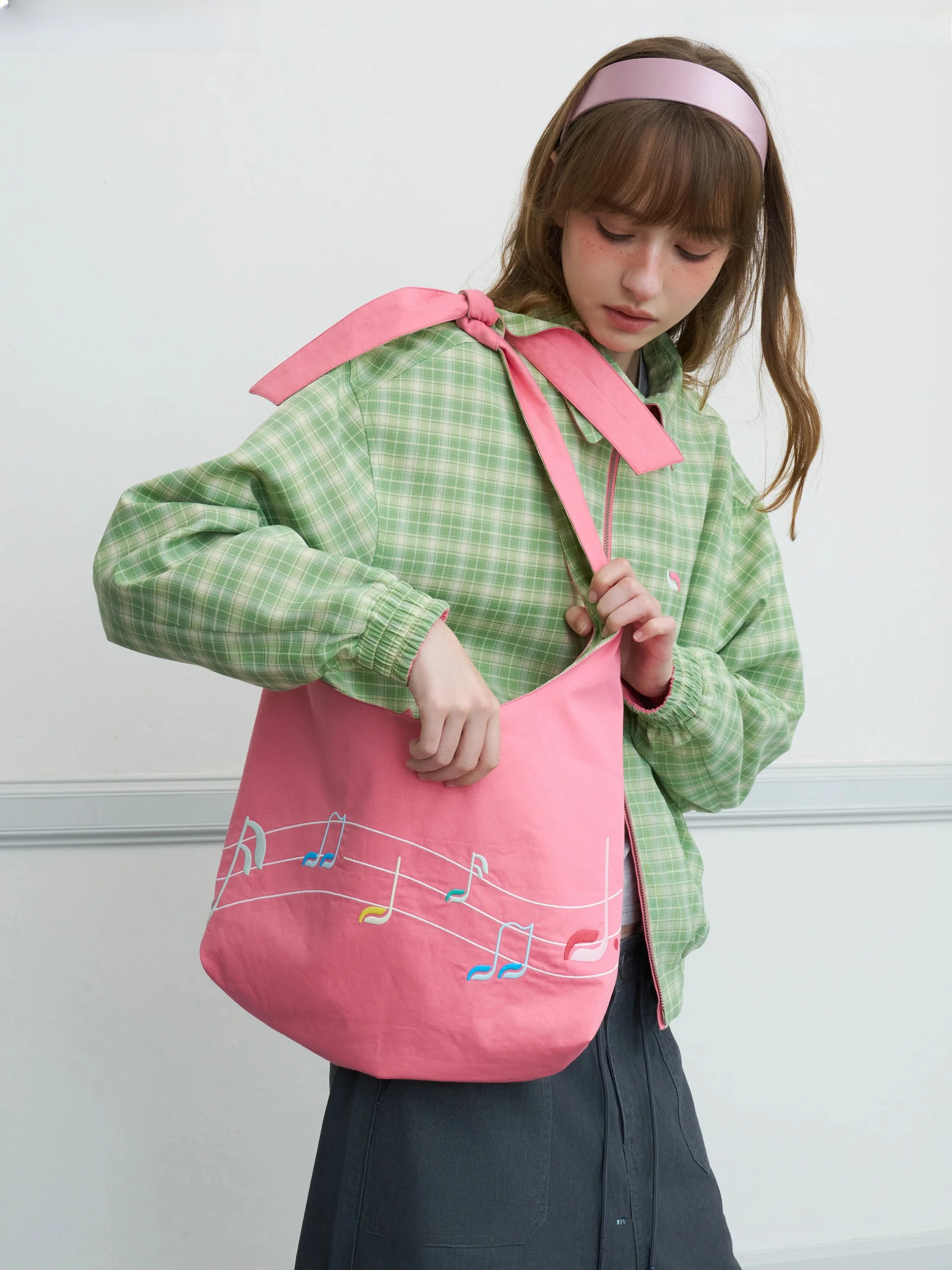 Riverstone plus Large Capacity Plaid Knot Double-Sided Canvas Bag Commuter Shopping Bag Note Pattern Casual Shoulder Bag