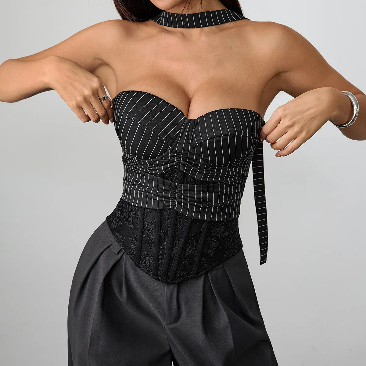 

Полосатый кружевной лоскутный топ без бретелек с костями для женщин, летняя мода, корсет, бюстье, одежда, топы на бретелях y2k, сексуальный тонкий жилет с открытой спиной