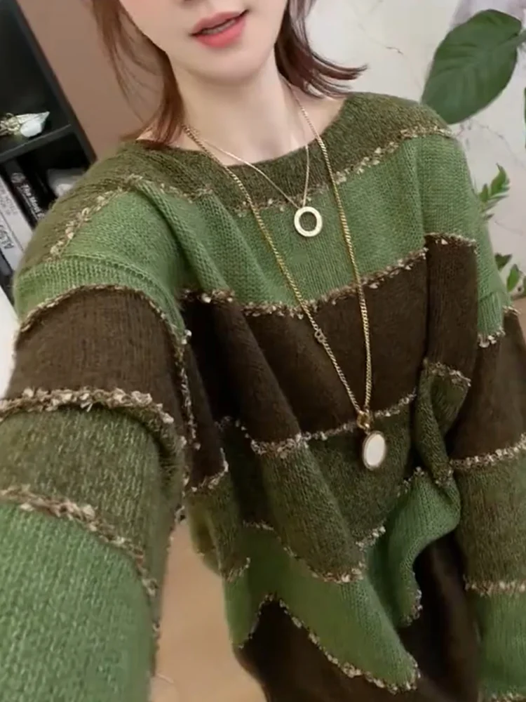 

Корейский элегантный свитер с цветовыми блоками, повседневный универсальный топ для осени, большие размеры, удобная одежда для отдыха