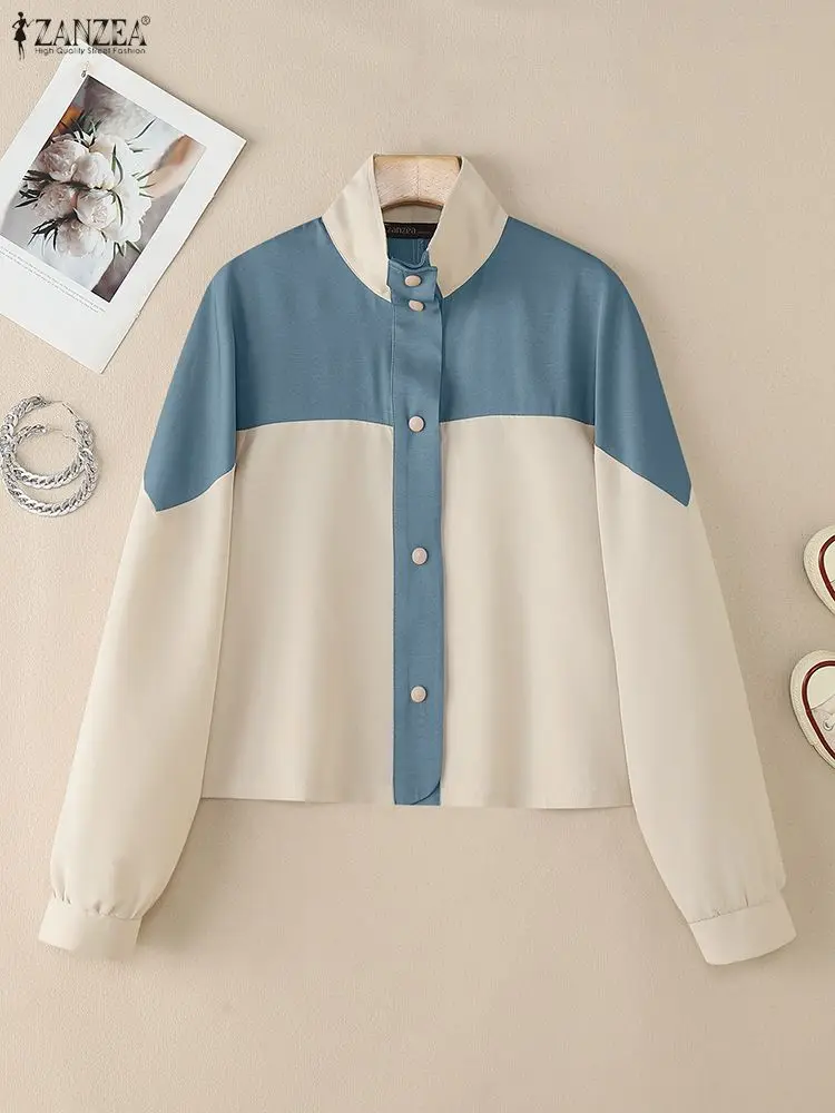 2025 ZANZEA Jesienna Bluzka z Kołnierzykiem, Długi Rękaw, Stylowe Koszule Damskie, Cienkie Okrycia Wierzchnie, Codzienne Kurtki Patchworkowe, Płaszcze, Bluzki z Guzikami