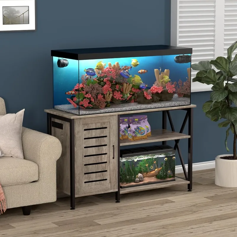 Aquarium Stand with Power Outlets and Cabinet for Fish Tank Accessories Storage, Heavy Duty Metal Frame, 52