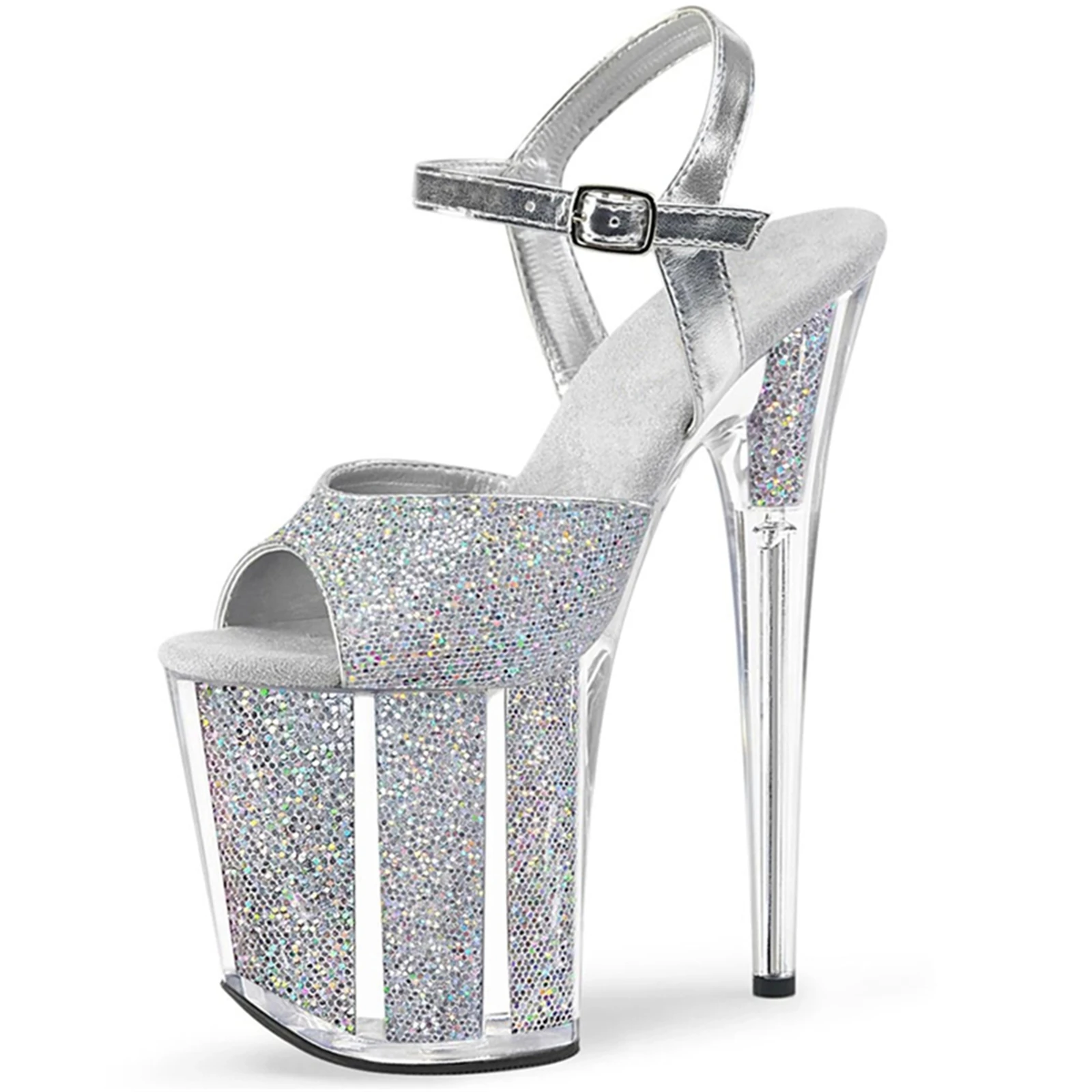 

20CM Clear Stiletto Heels | Peep-Toe & Ankle Strap with Metal Buckle | Thick Transparent Platform | Stage Performance Shoes