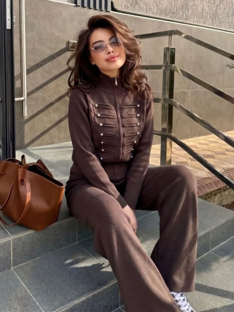 Elegante Perlenstickerei Strick-Zweiteiler Damen-Outfit Herbstkleidung Damen 2026 Reißverschluss-Pullover und Hosen-Set Gestrickte Damen-Sets