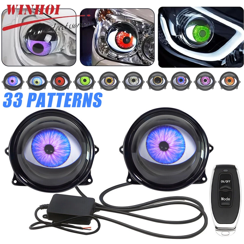 

5D-объектив, динамические светодиодные глаза демонов с беспроводным управлением, 3 дюйма, Evil Eyes, 33 узора, светодиодные фары, украшение, автоаксессуары