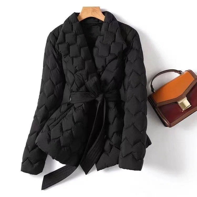 Winter Water Ripple Quilted Light Down Cotton Coat with Lapel Belt Waist Mid-length Elegant Style Cotton Coat