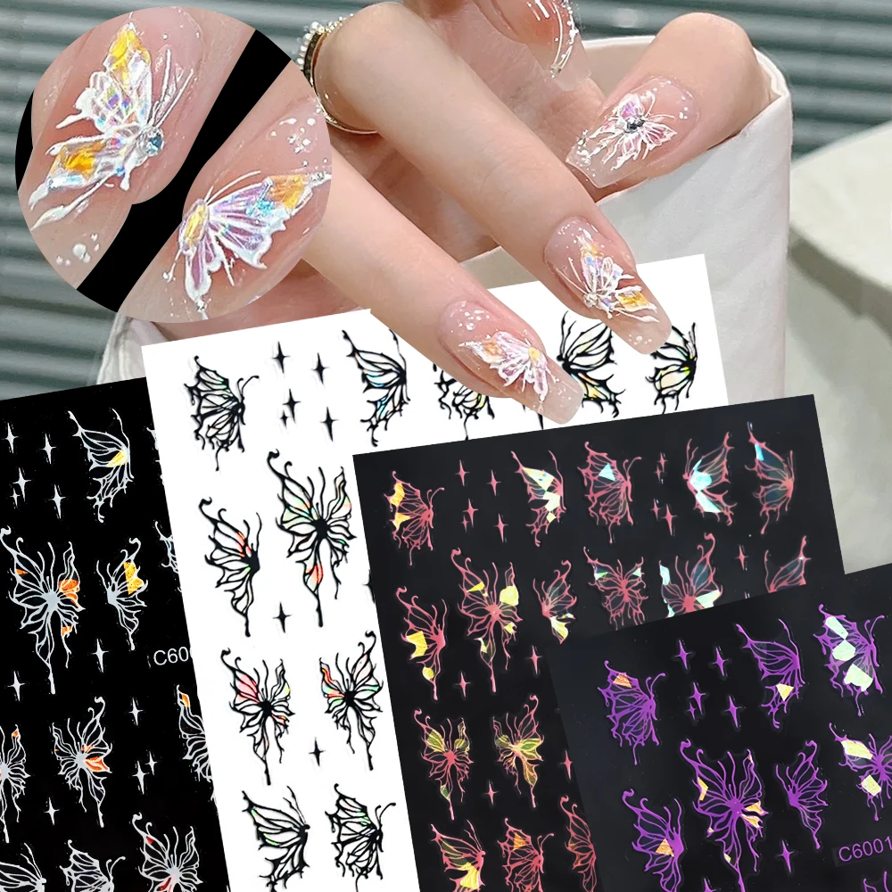 Pink Glitter Butterfly Nails Stickers 3D Laser Holographic Shiny Fairy Fluidic Butterfies Decals DIY Manicure Decorations Slider