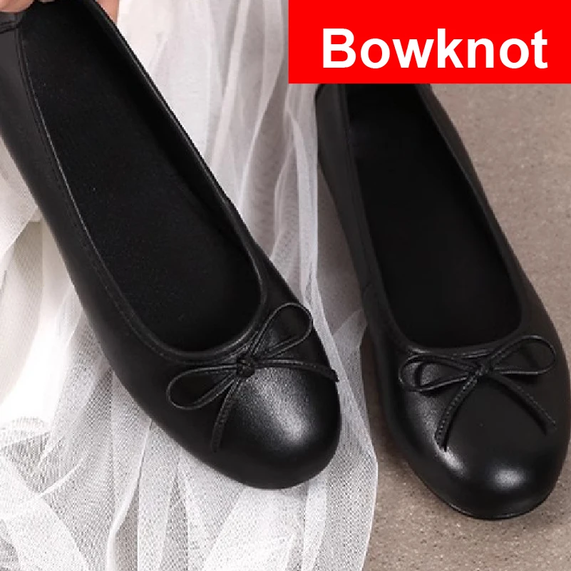 Tall Ladies Mothers Grandmothers Middle-aged And Elderly Leather Shoes 14mm Flat Bottomed Soft Soles Square Toe Bow Work Shoes