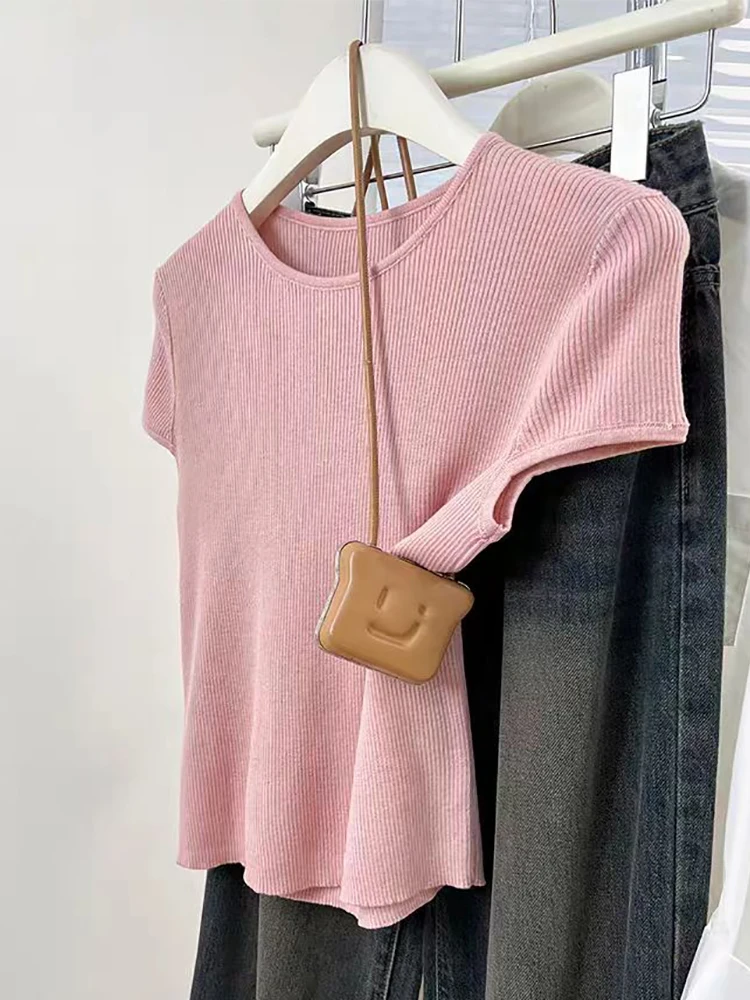 Black Short Sleeve T-shirt Women Knitted Tops Casual Basic O Neck Knit Tshirts Ladies Clothing Summer Fashion Woman Tee Shirts