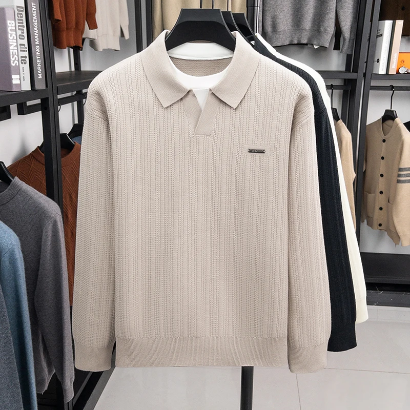 Mens Knit Polo Shirt Long Sleeve Lapel Collar Soft Breathable Anti Pilling Fashion Business Classic Versatile Spring Autumn Mens