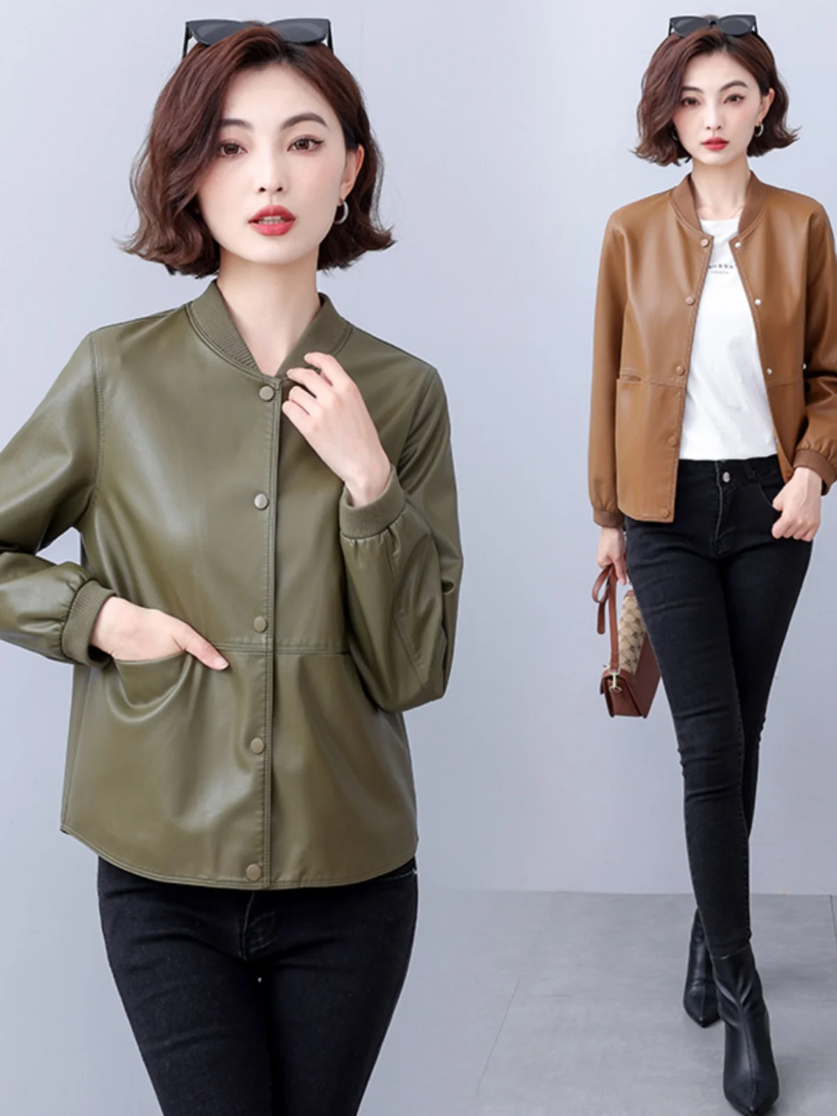ファッショナブルな革製ジャケット レディース 春秋 2024 新作 カジュアル ルーズ ベースボールコート ラウンドネック ロングスリーブ