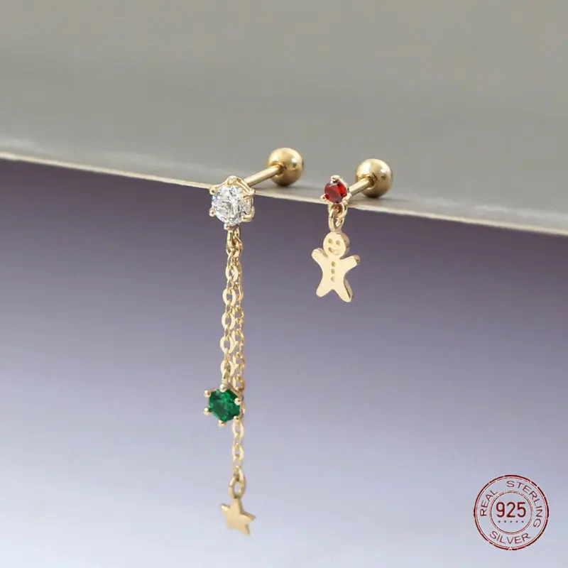 925 Sterling Silver Star Snowman Asymmetrical Drop Earrings for Girls Cute Fairy Tassel Zircon Lady Earring Fashion Jewelry Gift