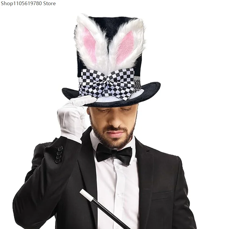 Unisex Adult Cosplay Top Hat Decorative Plush Rabbit Ears Checkered Bow Accent Headwear For Halloween Costume Accessory 2026 4
