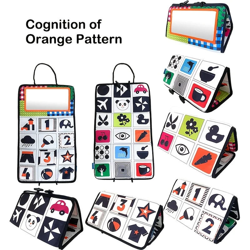 لعبة مرآة عالية التباين قابلة للطي بأشكال ملونة، حيوانات، كتاب ألغاز الفاكهة للشباب للتدريب الحسي باللونين الأبيض والأسود