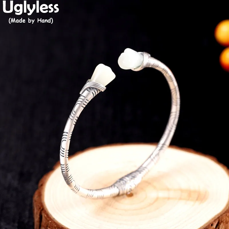 

Uglyless Ethnic Vintage Bangles for Women Natural Gemstones Hetian Jade Magnolia Flowers Bangles Thai Silver 925 Silver Bangles