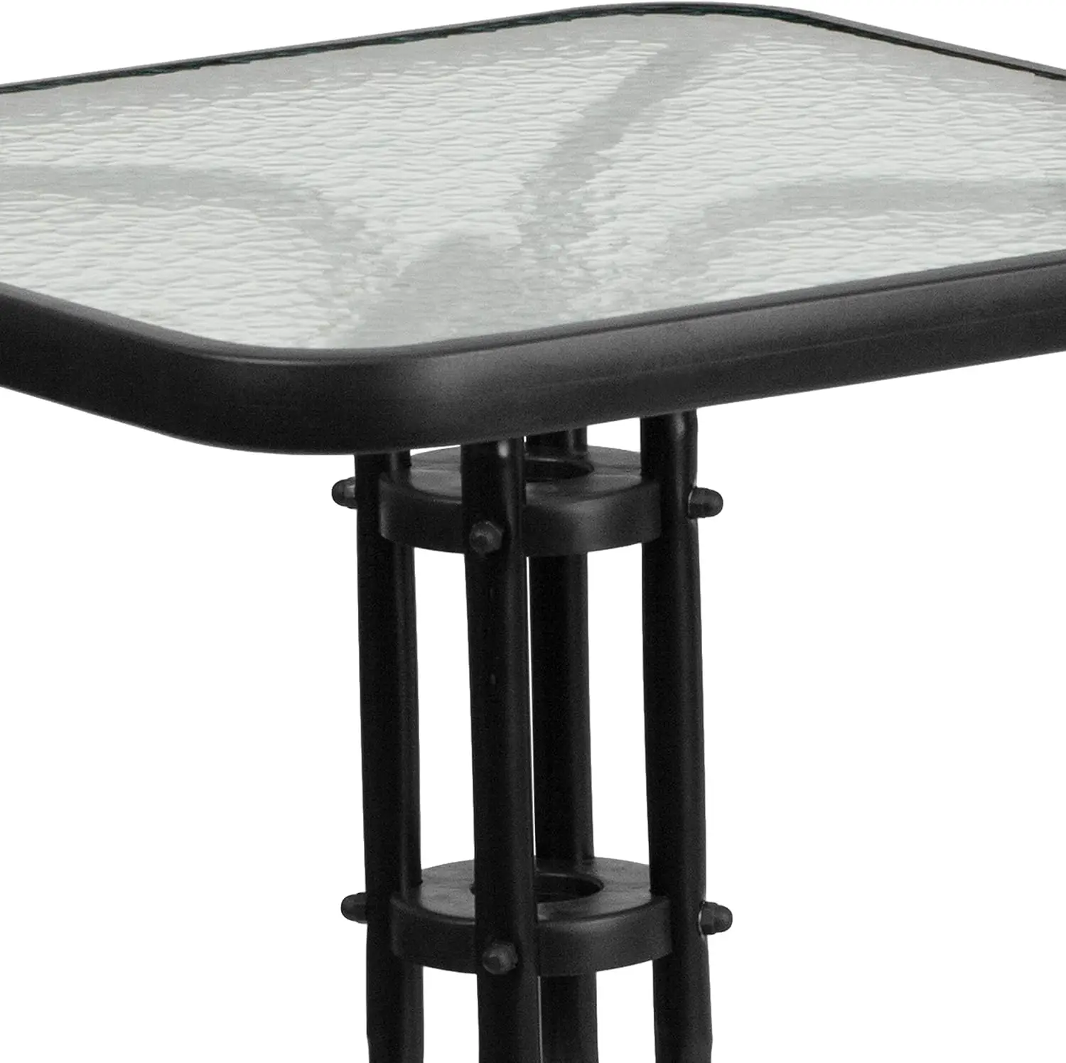 Lila 23.5'' Square Glass Metal Table With 2 Black Metal Aluminum Slat Stack Chairs