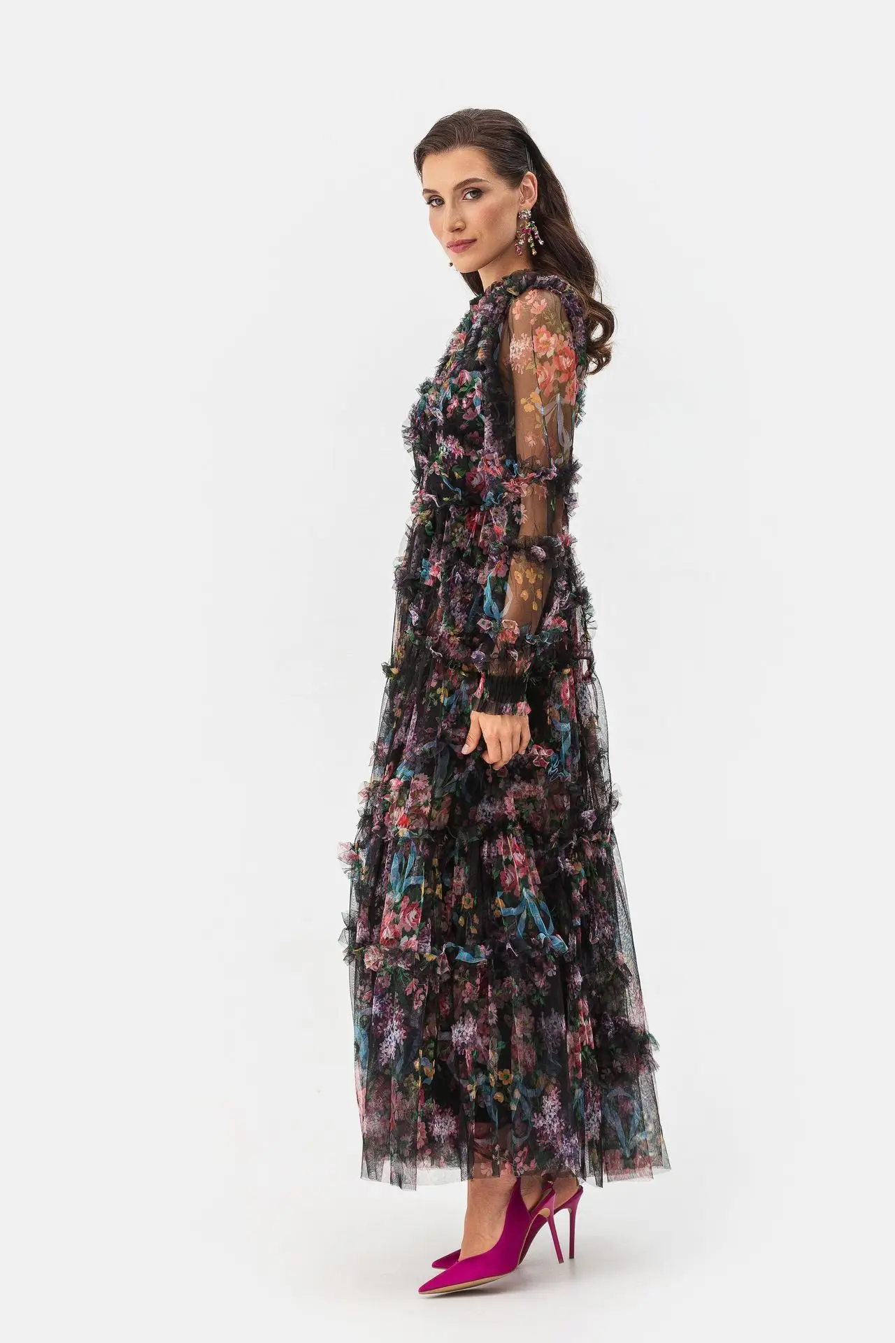 Floral Print Long Dress Spring Autumn High-End Evening Gown French Style Wedding Dress Cross-Border European Women's Fashion