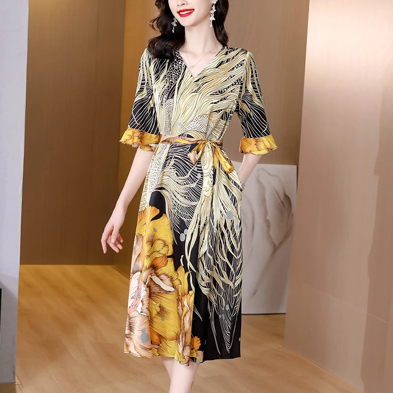 

Slik Dress Yellow Print Elegant Short Sleeve Chiffon Women's Dresses Midi 2024 Korean Floral Fashion Loose Summer Light Dress