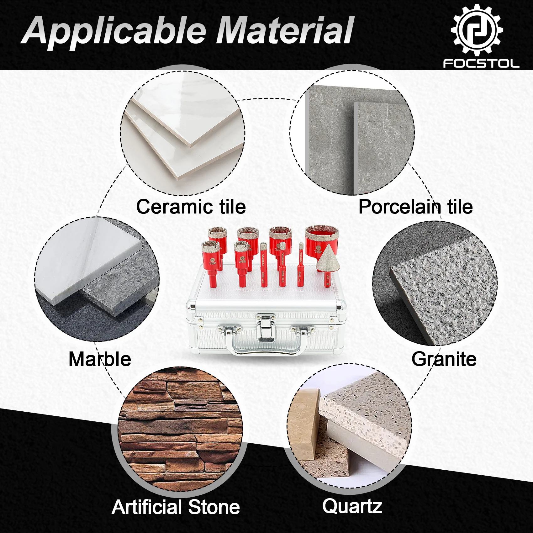 FOCSTOL 10pcs Diamond Tile Drill Bit Set 6/8/10/20/25/28/32/35/50mm Triangular Shank for Porcelain Tile Ceramic Granite Marble