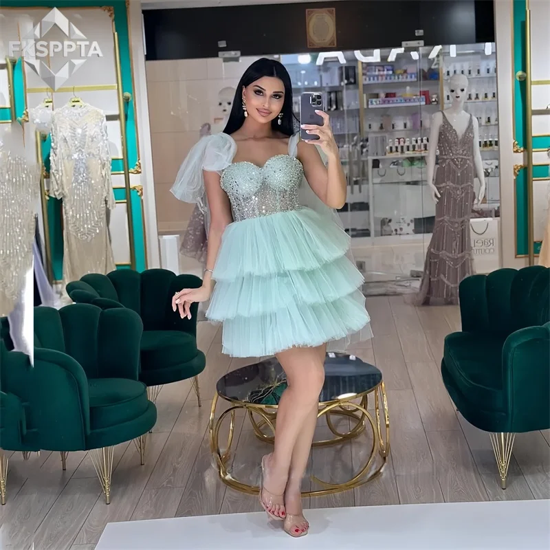 

New 2026 Mint Green Short Prom Dresses Beading Tulle Tiered A Line See Through Homecoming Birthday Party Gowns Custom Made