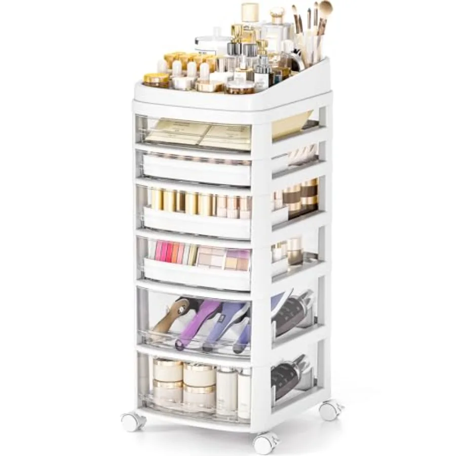 Rolling Cart with 6 Drawers Clear Plastic Drawer Organizers Dust Proof Under Desk Storage for Makeup Skincare Art Crafts and Ba