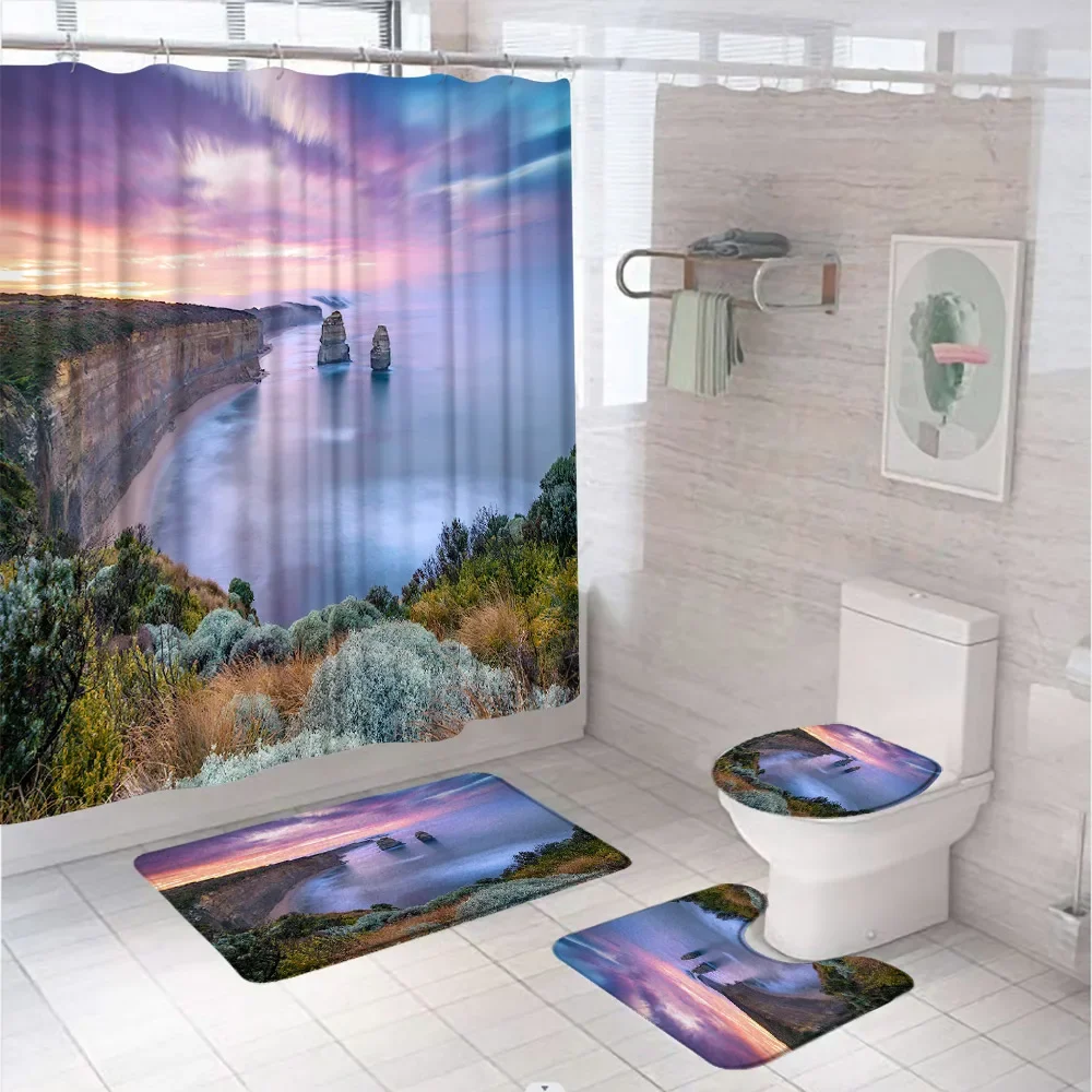 4Pc Nature Shower Curtain Set Village Town Mountain Lake European Scenery Fabric Bathroom Rug Non-Slip Toilet Lid Cover Bath Mat