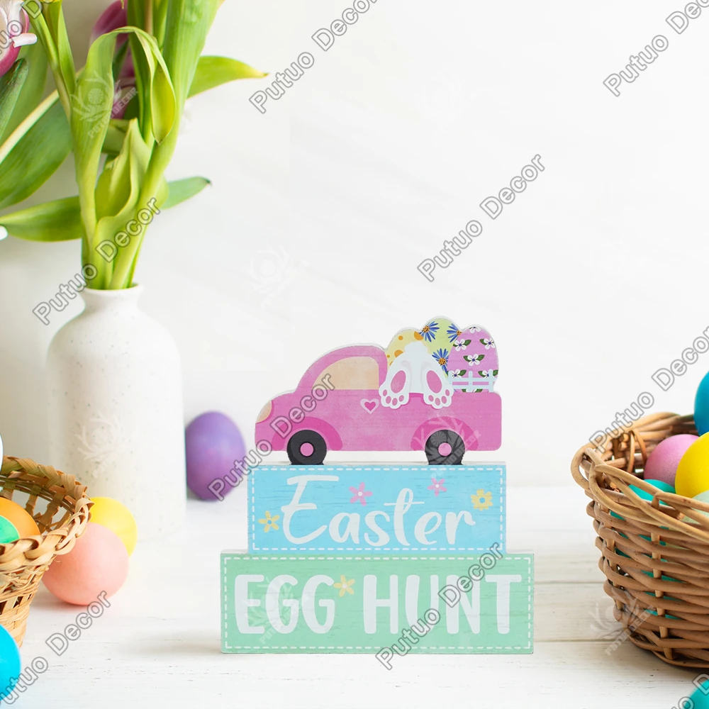 

Putuo Decor 1pc Easter Egg Hunt Wooden Sign Table Decor, Desktop Decor for Home Farmhouse Living Room Cafe, Easter Gifts