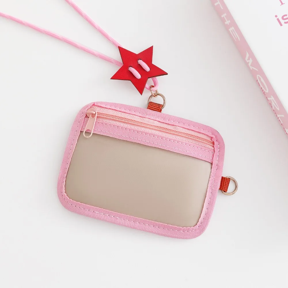 حامل بطاقات بسيط ذو غلاف ناعم ثنائي الاستخدام مع غطاء بطاقة تمرير الحافلة الحبل الشفاف لبطاقة الهوية والمكتب المدرسي