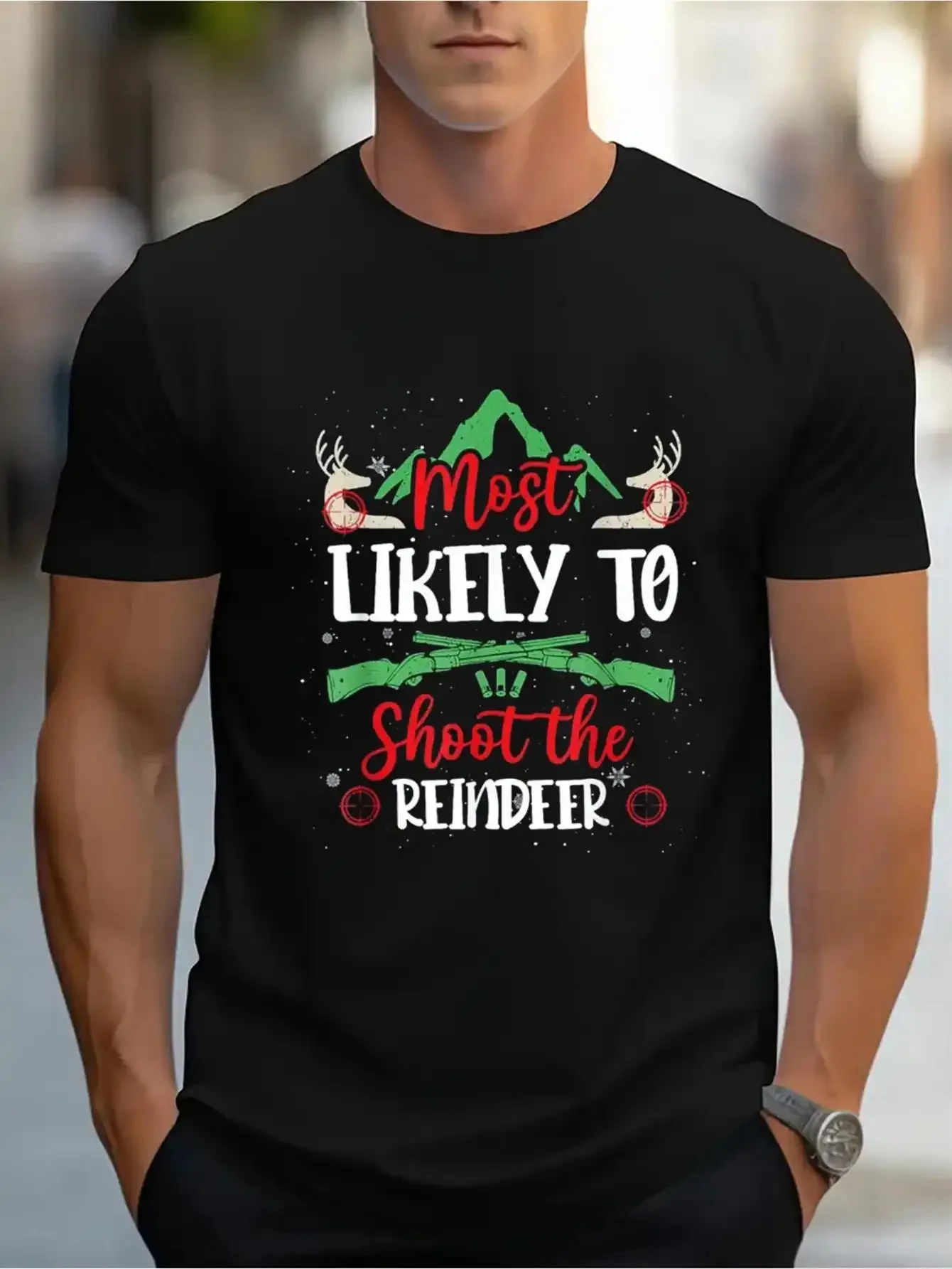 

"Shoot a Reindeer" Funny Christmas T-Shirt - Antlers/Bullet Box, Red/Green Adult Humor Winter Tee