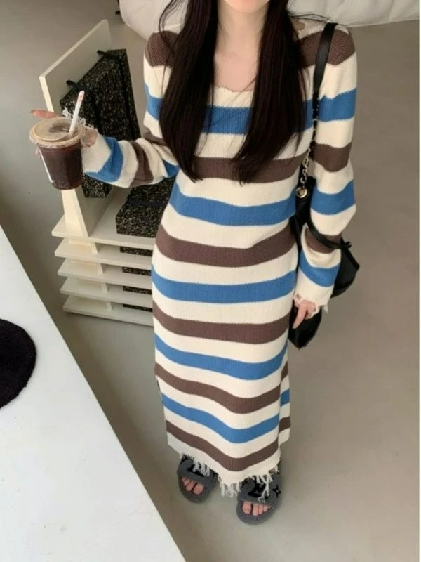 2025 vestido de malha listrado bloco de cores para mulheres outono e inverno fino ajuste camada interna bodycon vestido base camada fenda vestido longo