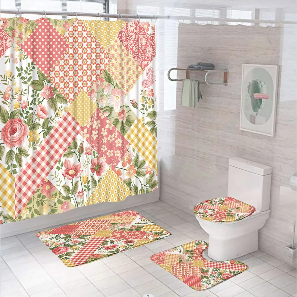 4Pc Shower Curtain Set Floral Watercolor Red Flower Purple Colorful Non-Slip Rugs Toilet Lid Cover Bath Mat Bathroom Decor Home