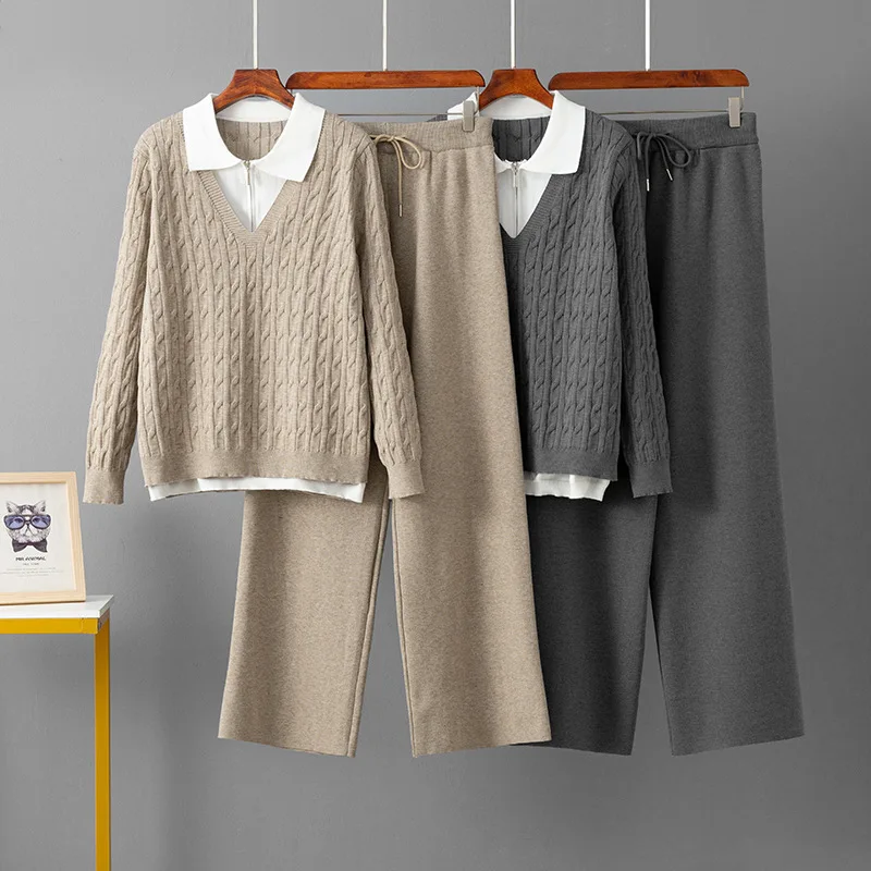 

Повседневный свободный вязаный свитер с воротником-поло на молнии и длинными рукавами + брюки на шнуровке с эластичной резинкой на талии, комплект из 2 предметов, костюм, осенне-зимний женский комплект
