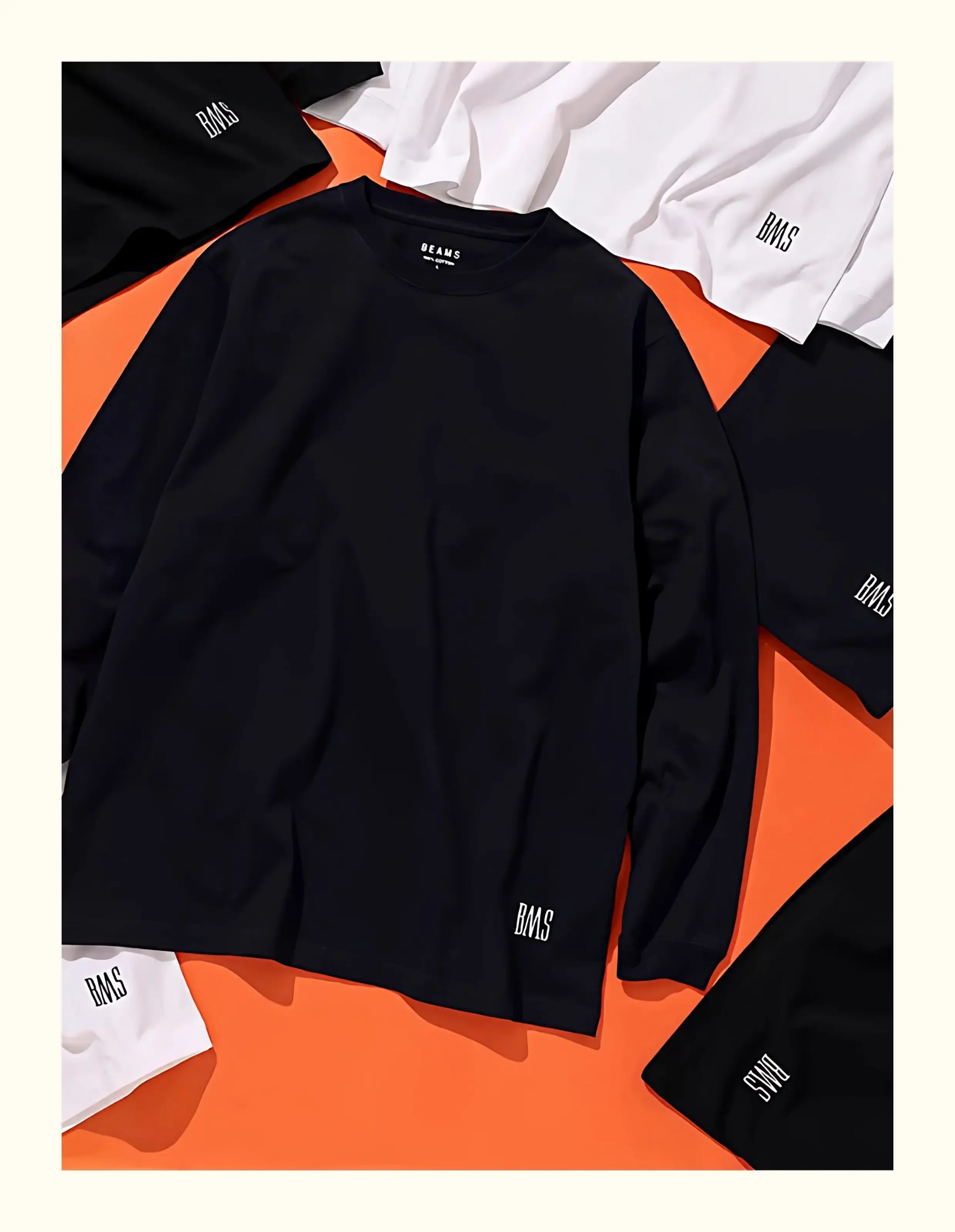 Beams Men Long Sleeve Top Japanese Loose Embroidered Crewneck Solid Basic Bottoming Casual Long Sleeve T-Shirt Men Cotton Shirts