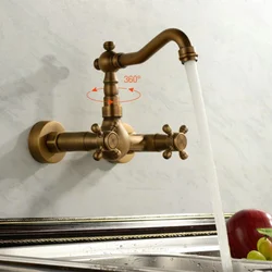Antigo bacia pia da cozinha torneira misturadora giratória retro bronze moda estilo fixado na parede h5588