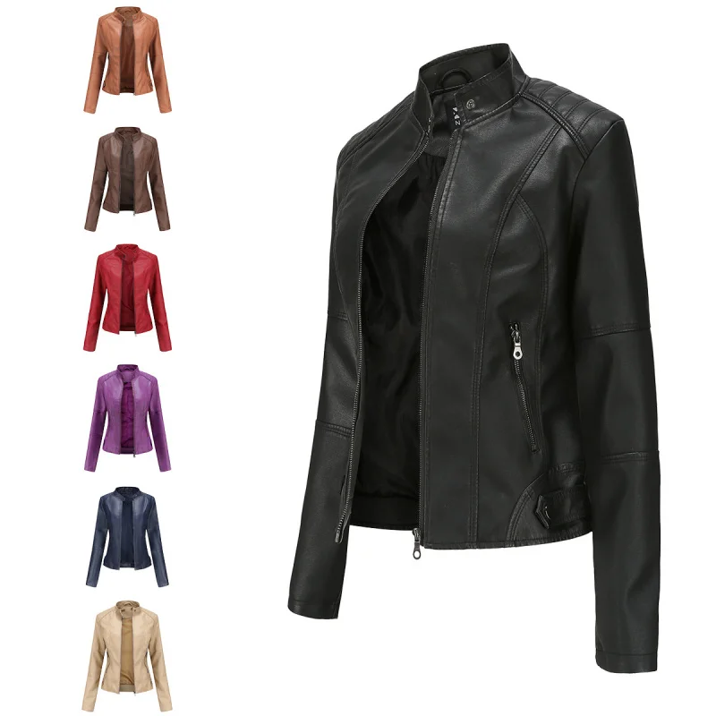 W2EJOURNEY EU US Size Women Leather Jacket Slim Fit Spring Autumn Coat Women's Motorcycle Stand Collar PU Jacket Coat