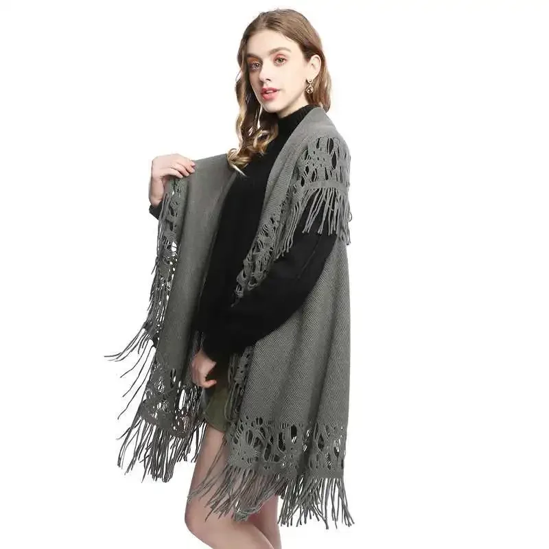 Spring  Autumn New Women Loose Tassel Sweater Multi-purpose Scarf Cardigan Thin Jacquard Shawl Coat Lady Cloak  Gray