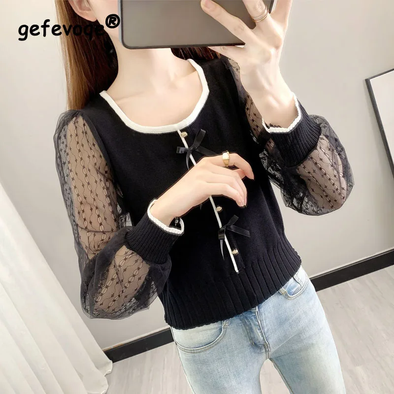 2023 Spring and Autumn Women's New Fashion and Elegant Small Fragrance Style Square Neck Bow Versatile Spliced Sleeve Bottom Top