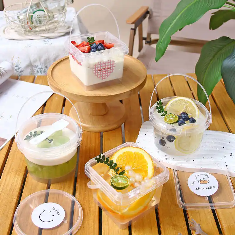 

30pcs Beverage Ice Cream Square Handed Bucket 365ml Disposable Packag Box with Lid Food Grade PP Fruit Dessert Milk Tea Buckets