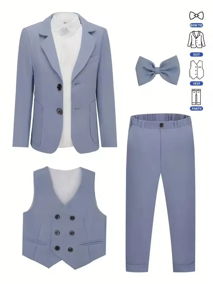 90-170 Children Beige 5Pieces/Set Jacket Vest Pants Bowtie Brooch Wedding Suit Kids Host Piano Stage Suit Boys Birthday Dress