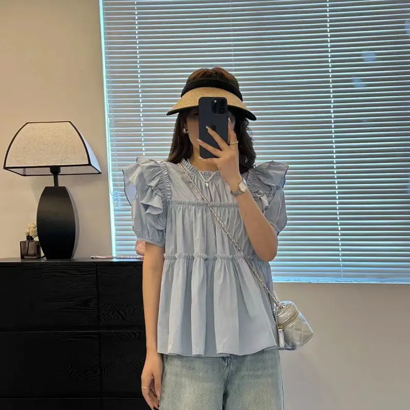 

Femme Summer Korean Fashion Ruffles Solid Color O-neck Short Sleeve Pullovers Women Clothing Casual All-match Versatile Top Tee