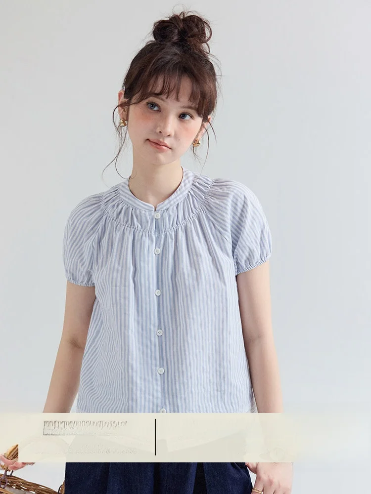 

AMUU Original Texture Short Pure Cotton Striped Women's Shirt Summer New Style Short Sleeve Lace Trim Top Breathable Comfortable