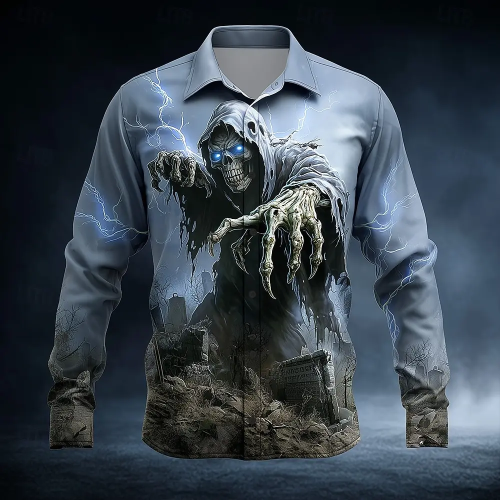 Halloween Men's Skull Grim Reaper Lightning Shirt  3D Printed Shirt Button Up Shirt Casual Long Sleeve Shirt Party Graphic Shirt