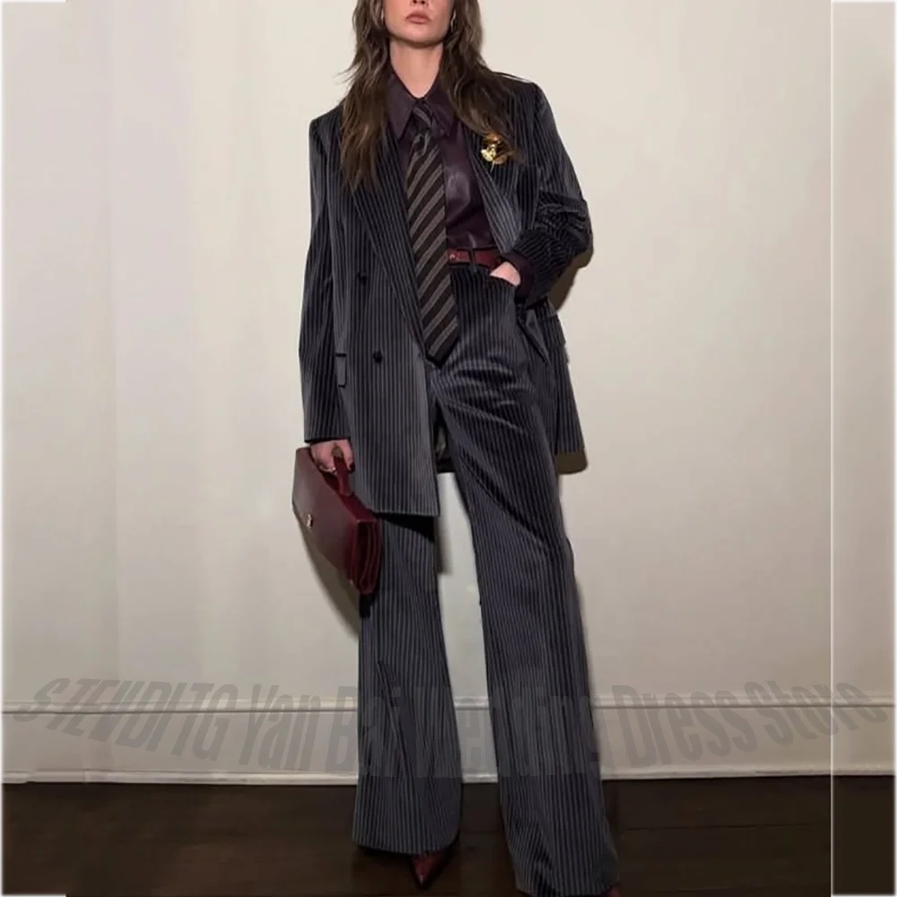 

Luxury Chic Pinstriped Pant Suits for Women Straight Peak Lapel Double Breasted Business Casual Lady Set(Jacket+Trousers)