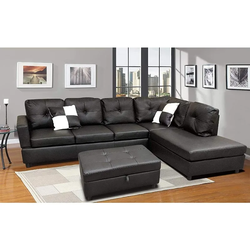 

L-Shape Faux Leather Sectional Sofa Couch Set with Chaise, Ottoman, 2 Toss Pillow Using for Living Room Furniture.（Black）