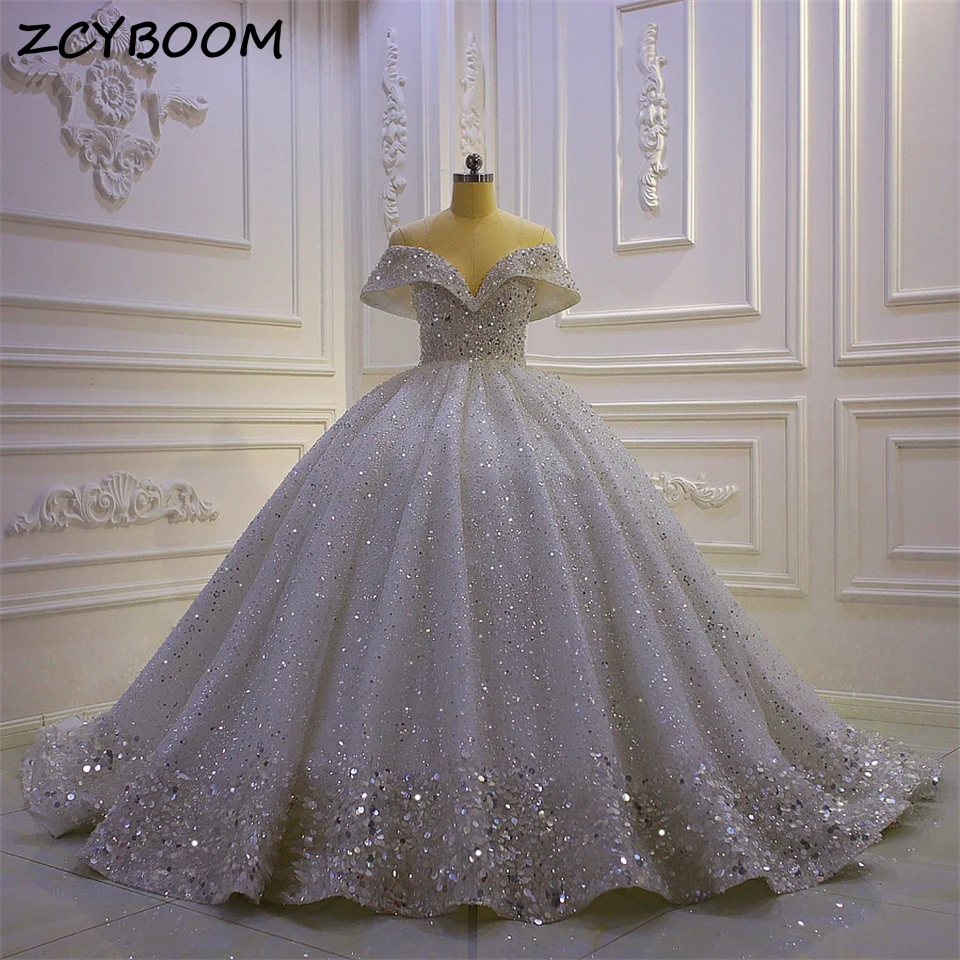 Luxury Glitter Sequins Beading off Shoulder Ball Gown Wedding Dresses For Women 2024 Court Train Bridal Gowns Vestidos De Novia