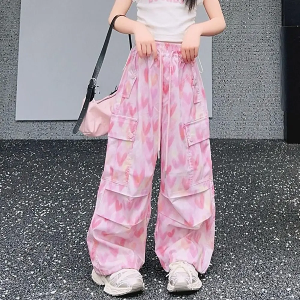

Multi Pockets Baggy Cargo Pants Joggers Trousers Y2k Wide Leg Pants Drawstring High Waist Heart Printing Pants Girl Students