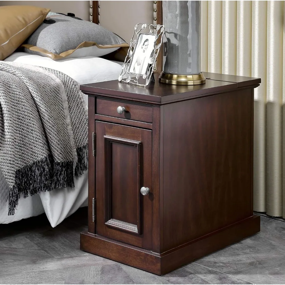 Traditional End Table with Charging Station Chair Side Table with Charging Outlets and USB Ports, Sable Brown