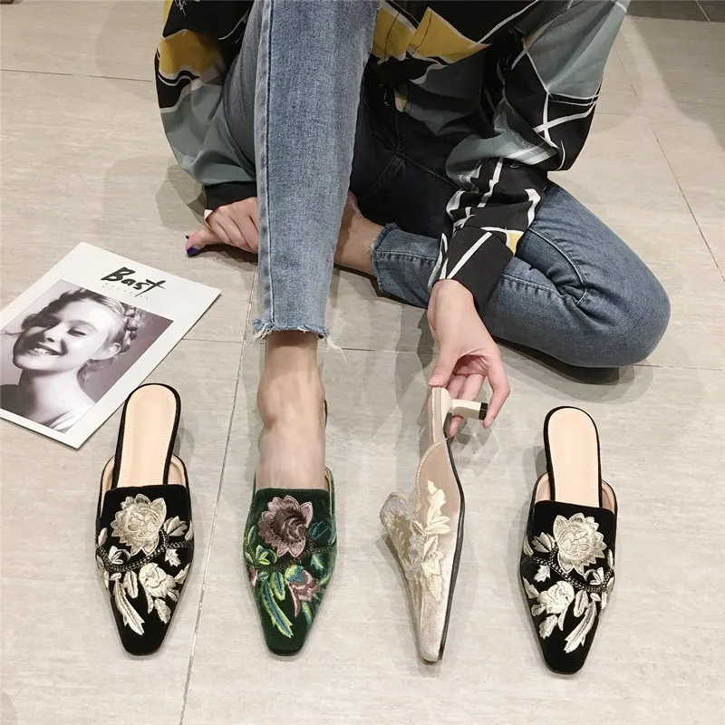 Women Slippers Pointed Toe Slip on Half Slippers Fashion Elegant Embroider Mules Autumn Outdoor Casual Ladies Middle Heel Shoes