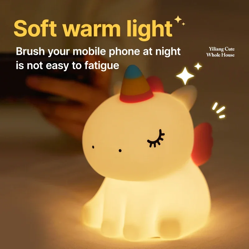 Cute Unicorn LED Night Light USB Rechargeable Touch Patting Silicone Night Lamp Children Gift Bedside Bedroom Decor Lamp